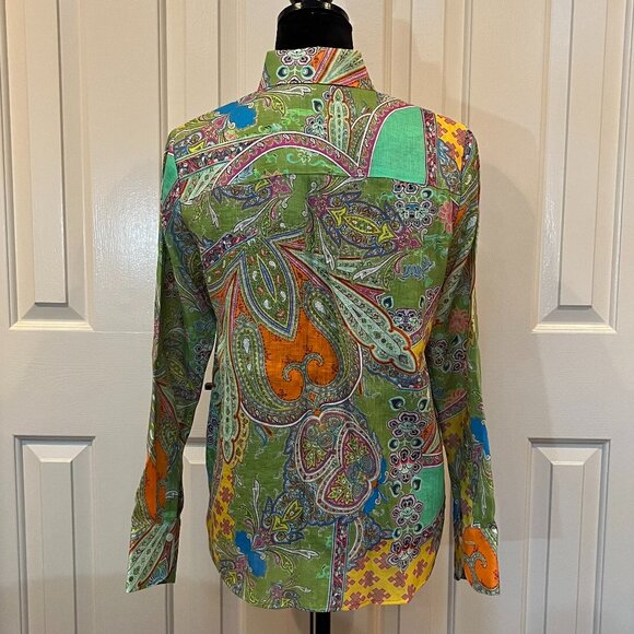 Hinson Wu Reese Long Sleeve Luxe Linen Boho Green Paisley Shirt Size XS NWT - Picture 6 of 12